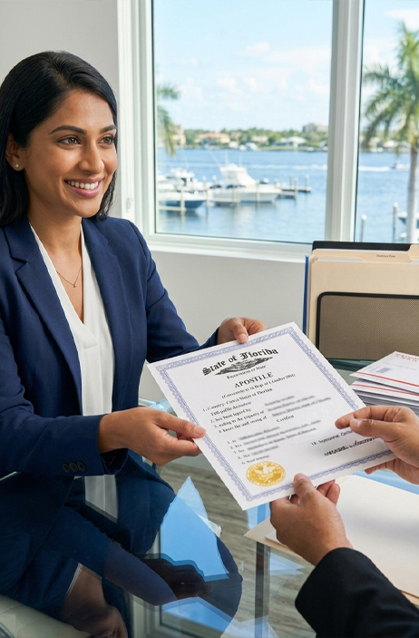 Palm Beach County notary handing apostilled documents to a client